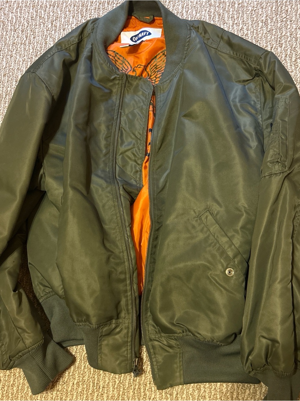 Old Navy Men's Olive Green Bomber Jacket with Orange Lining